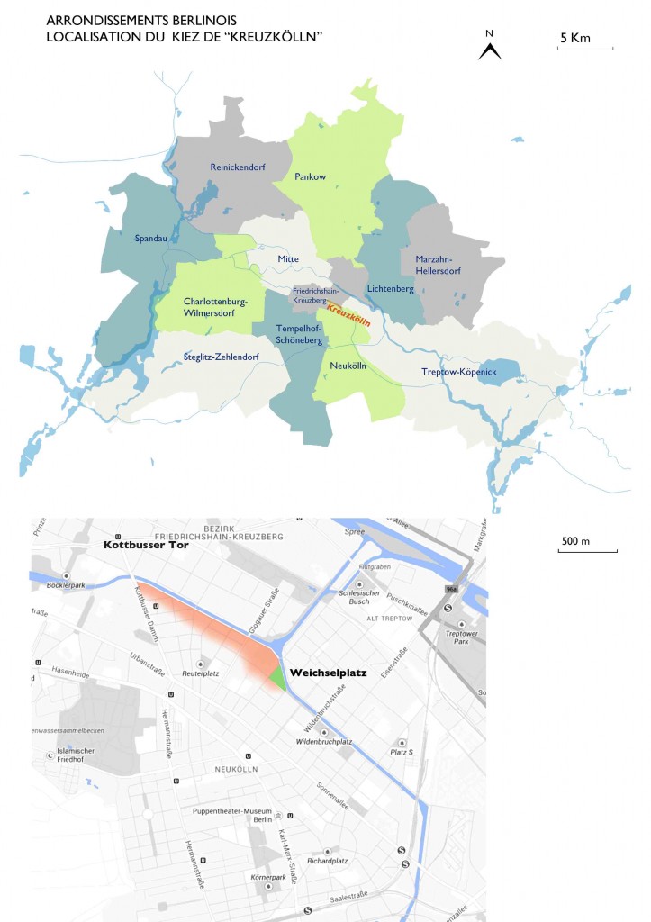Arrondissements berlinois, localisation du Kiez de Kreuzkölln (Hugo Dusapin, Lucie Mesuret 2013). 