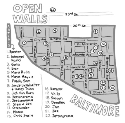 2. Plan de localisation des murals à Station North. (Open Walls Baltimore, Andrea Appleton, City Paper, 9 mai 2012). http://citypaper.com/news/wall-to-wall-1.1312314