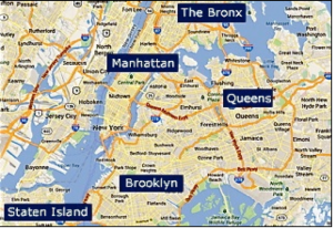 Les cinq boroughs historiques de New York, réunis en 1898 (carte : DR)