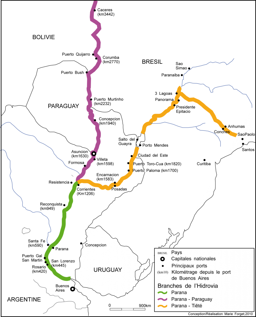1. Tronçons de l’Hidrovía Paraná-Paraguay et localisation de la ville de Rosario sur les bords du Paraná au kilomètre 420 (Forget, 2010)