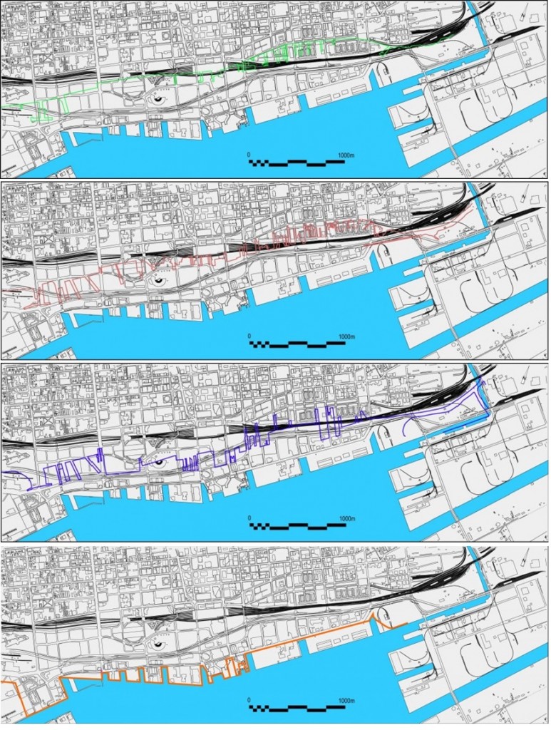 Evolution des tracés successifs du port de Toronto entre 1882 et 1930 (de haut en bas 1882 tracé de couleur verte, 1886 en rouge, 1910 en violet, 1930 en orange,), (cartes issues du site de Waterfront Toronto consultées en septembre 2012, retirées depuis)