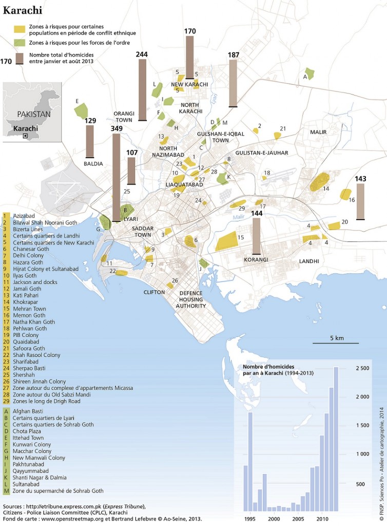 Carte des homicides et des zones à risque à Karachi (2013) (Atelier de cartographie de Sciences Po, 2014)