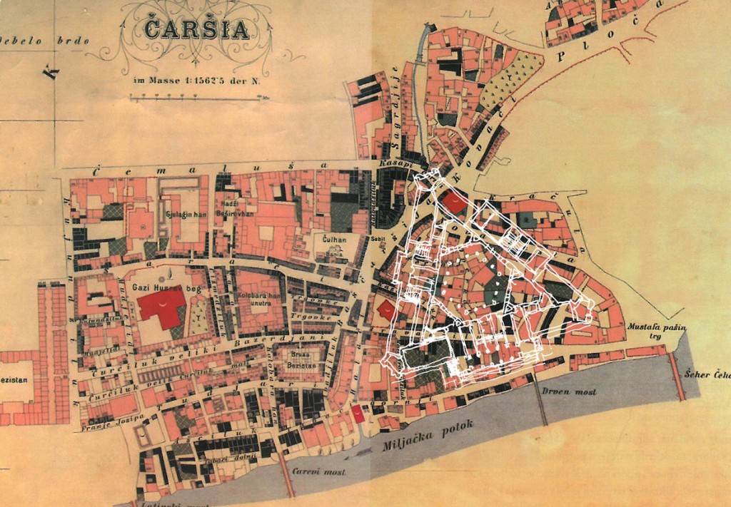 1. Plan du quartier Bas-Casije, avant le grand incendie de 1879. Plan surimposé de la Vijecnica (N. Detry).