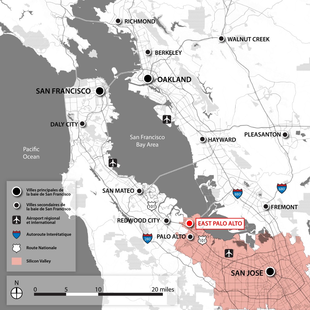 2. Carte de la Silicon Valley située au sud de la Baie de San Francisco. J'ai choisi ici de centrer l'attention sur l'acception classique de la Silicon Valley, qui n'inclut pas forcément la ville de San Francisco (Maaoui, 2015).