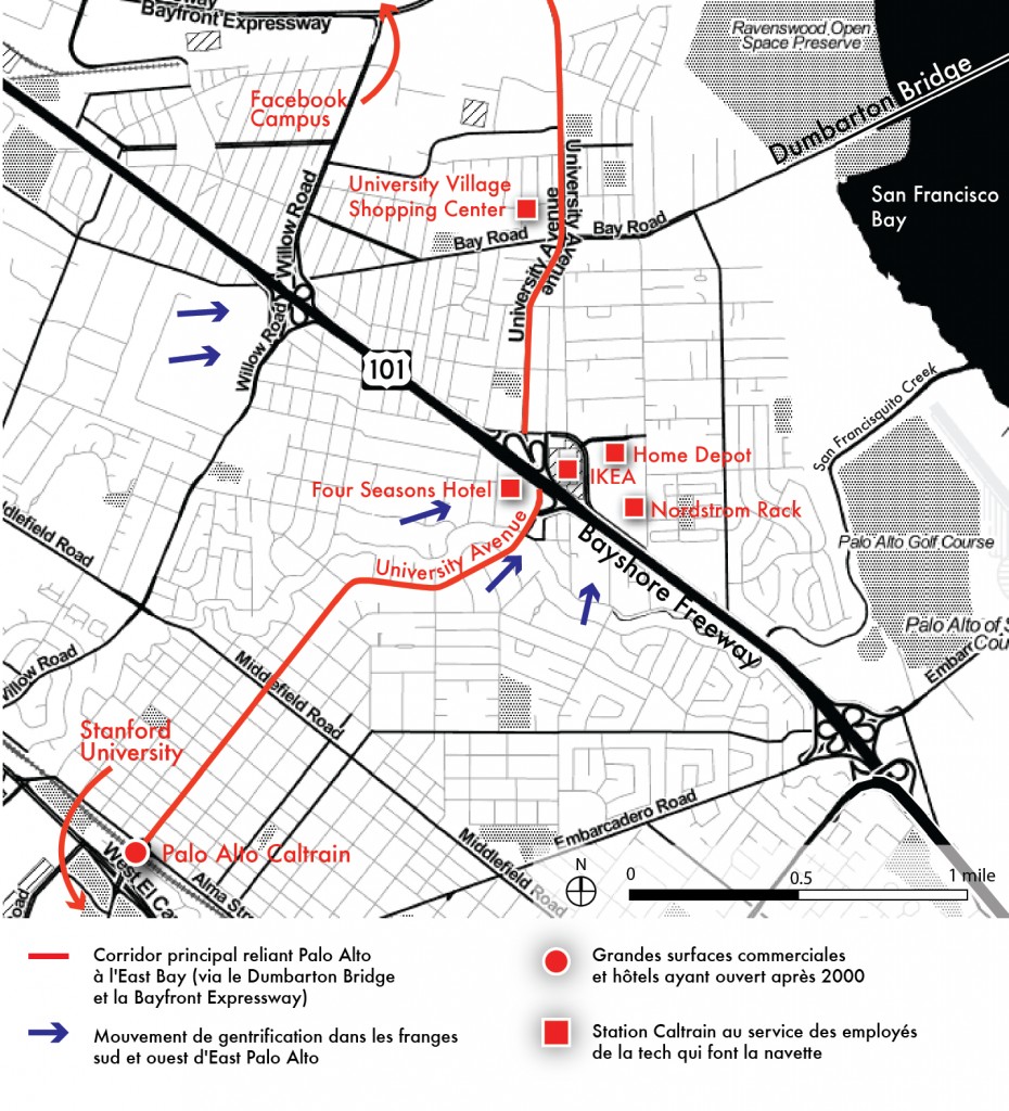 4. Carte d'East Palo Alto, séparée par Palo Alto par la Bayshore Freeway et de Menlo Park par Willow Road. University Avenue est son corridor central, connectant la station Caltrain de Palo Alto, via East Palo Alto, en direction du campus de Facebook (Maaoui, 2015).