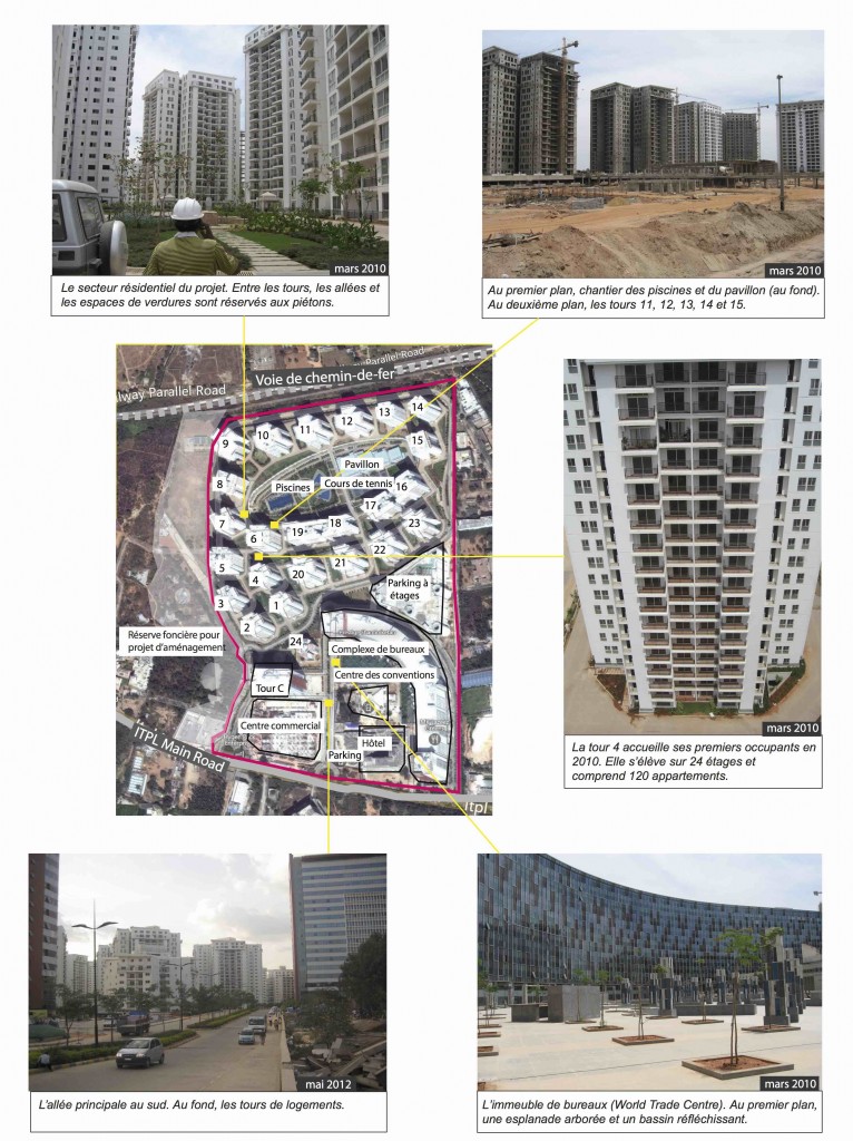 Le projet Prestige Shantiniketan, un grand projet autonome et multifonctionnel. Sources : Image satellite : Google Map 2014. Photographies : H. Rouanet, 2010 et 2012.