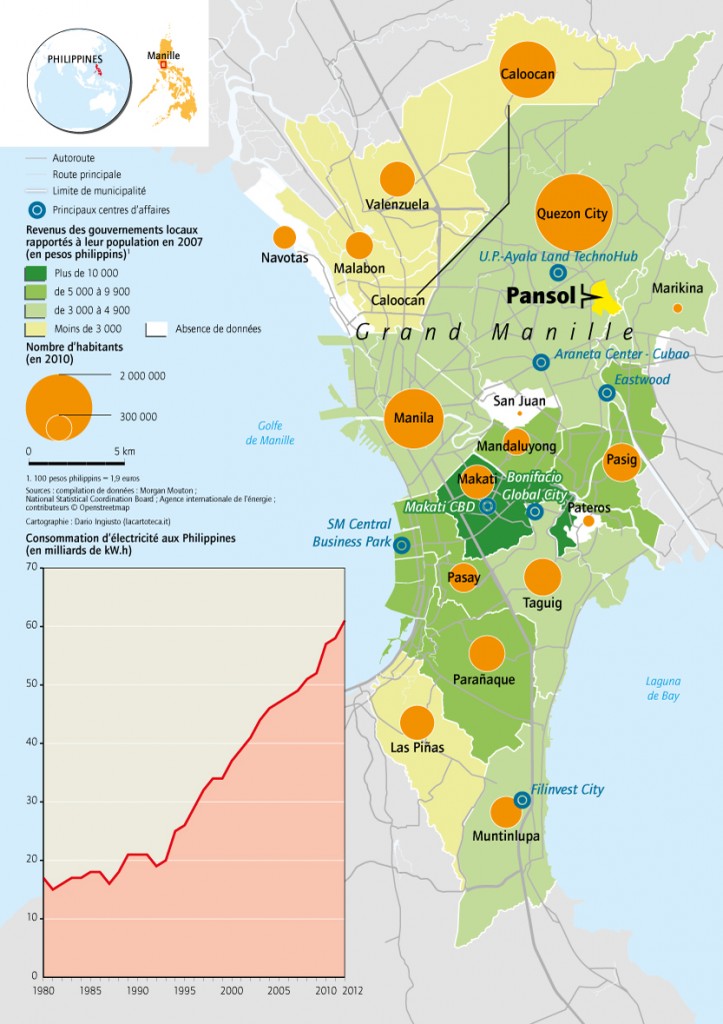 1. Carte de localisation des principaux centres d’affaire dans la région métropolitaine de Manille (cartographie : Dario Ingiusto, lacartotecca.it)