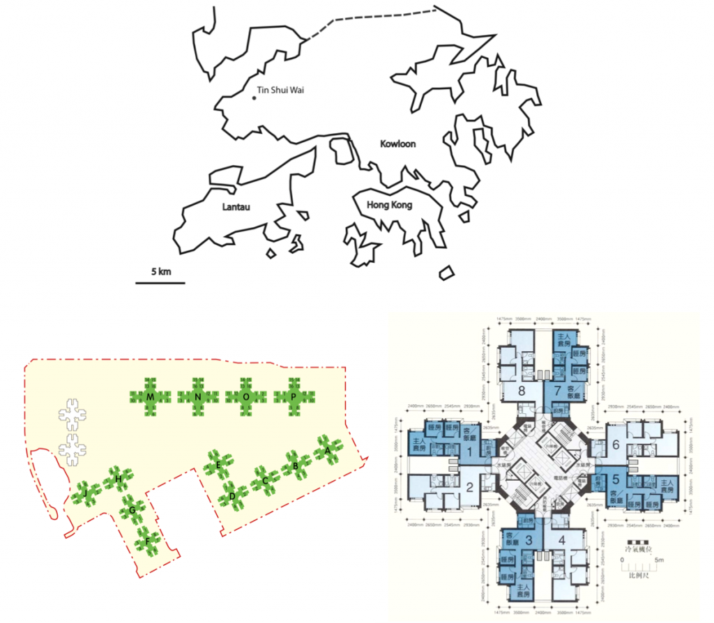 4. Localisation de Tin Shui Wai (Douay, 2015), plan d’implantation des tours du quartier de Tin Chung Court et distribution des logements d’une tour (À partir de données de la Hong Kong Housing Authority)