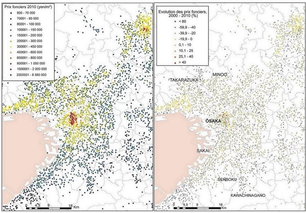 4. L’évolution des prix du sol de 2000 à 2010 dans la région d’Ōsaka, à partir des données par points du Ministère du Territoire (MLIT) (Buhnik, 2015).