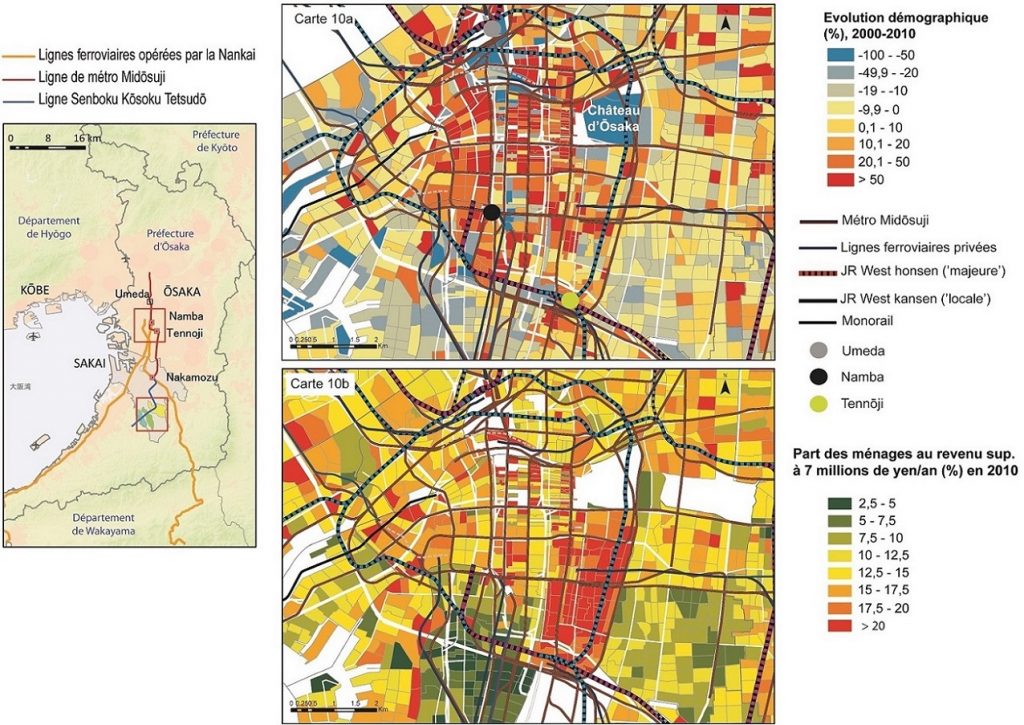 6. Évolution démographique par quartier du centre d’Ōsaka et part des ménages au revenu supérieur à 7 millions de yen (56 000 €) par an (Buhnik, 2015).