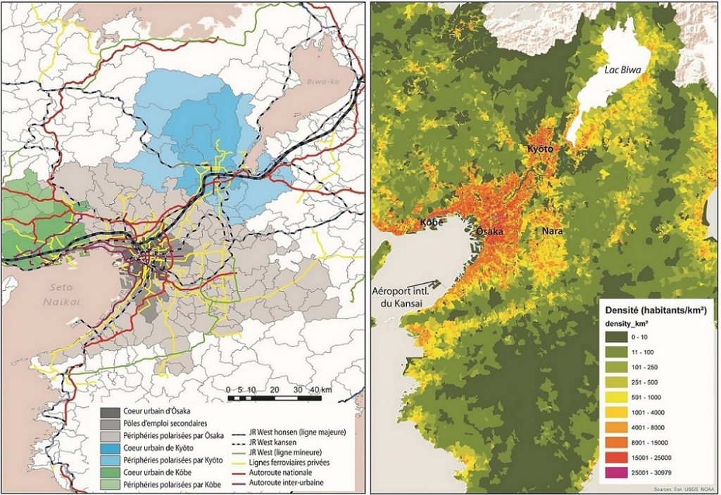 Ōsaka-Kyōto-Kōbe, une agglomération de 20 millions d’habitants en 2010, structurée autour d’un réseau routier et ferroviaire étoffé. À droite, les densités moyennes par quartier (Buhnik, 2014).