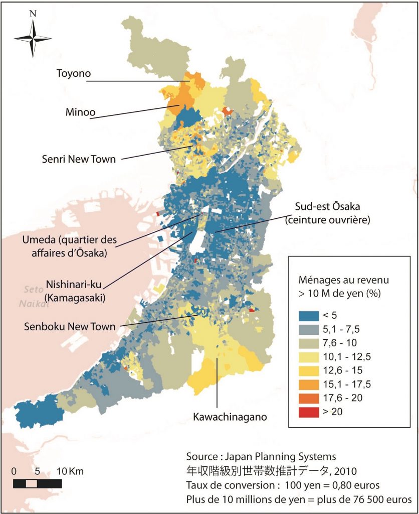 La répartition des ménages gagnant plus de 10 millions de yen par an en 2010 dans la Préfecture d’Ōsaka, en pourcentage de la population par quartier (Buhnik, 2015 à partir de JPS co.ltd.)