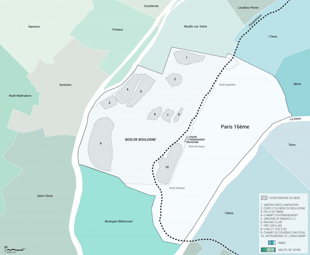 Carte de la « privatisation » du Bois de Boulogne (Piolatto, 2016)