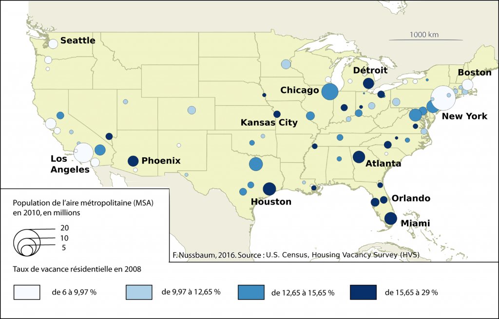 1. Carte de la vacance résidentielle en 2008 : un phénomène qui touche tant la Rust Belt que le Sud en croissance (Nussbaum, 2016)