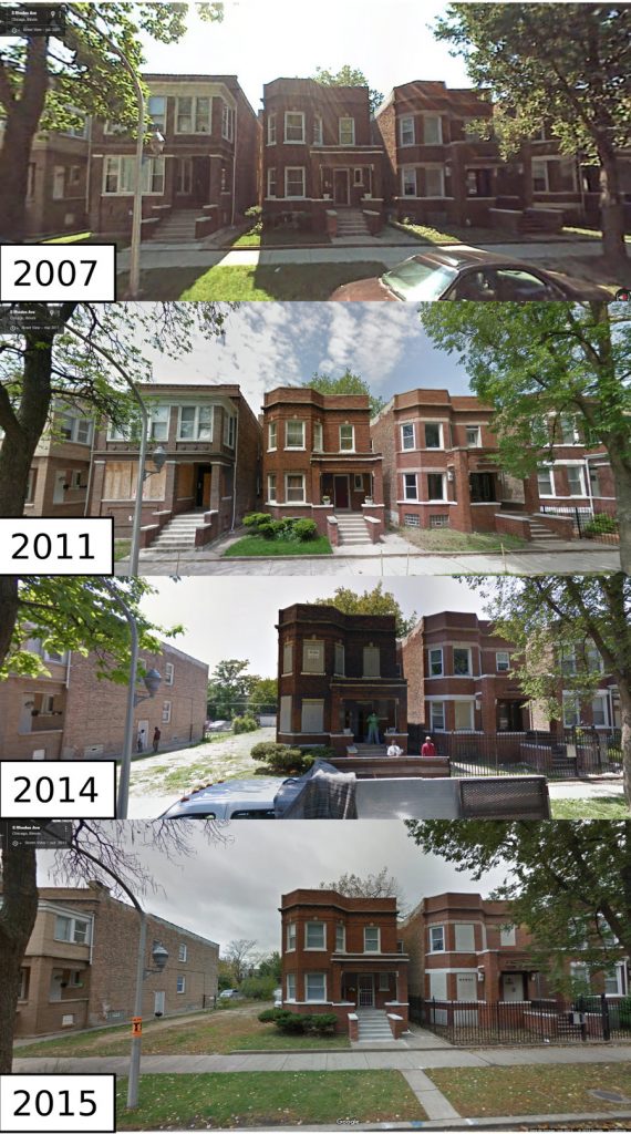 4. Micro-trajectoires de vacance à l’échelle fine : une portion de South Rhodes Street entre 62nd Street et 63rd Street de 2007 à 2015 (Source : Google Street View)