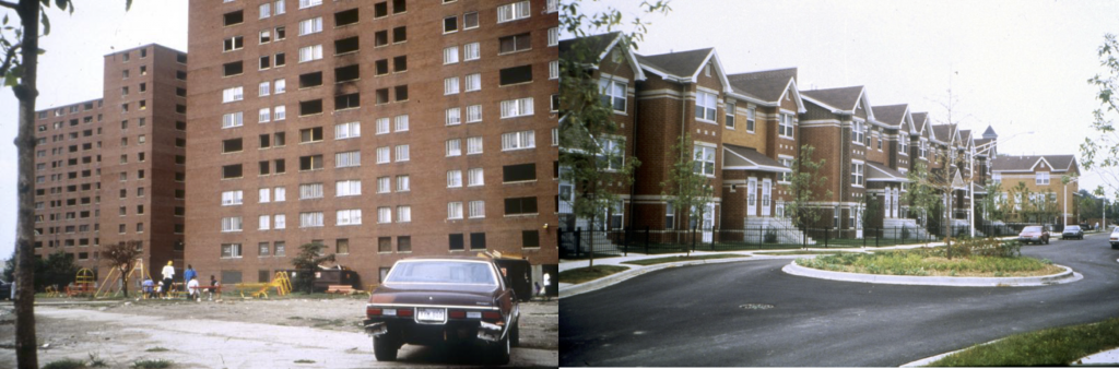 1. Le quartier Henry Horner de Chicago, avant (gauche) et après (droite) le programme HOPE VI (Calthorpe Associates, 1994)