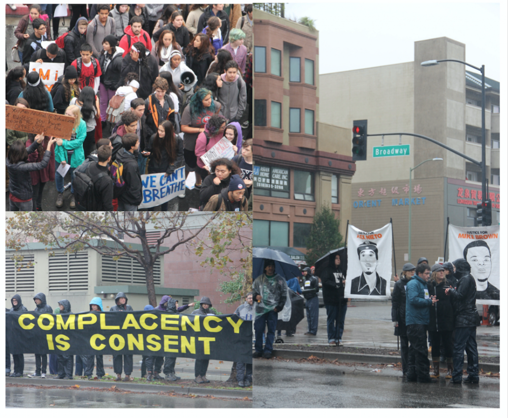 9. Manifestations du mouvement Black Lives Matter devant l'Oakland Police Department (gauche ; droite, en bas) - devant le lycée du quartier de Fruitvale (Maaoui, 2015)