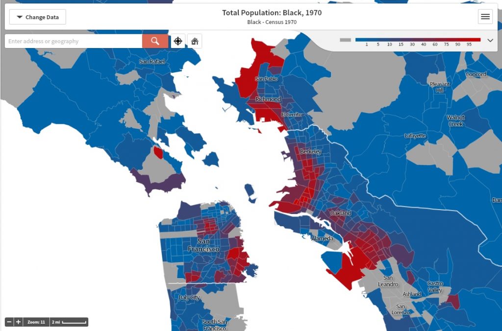 11. Localisation des populations se disant noires dans la baie de San Francisco, 1970 (Anti-Eviction Mapping Project, 2015)