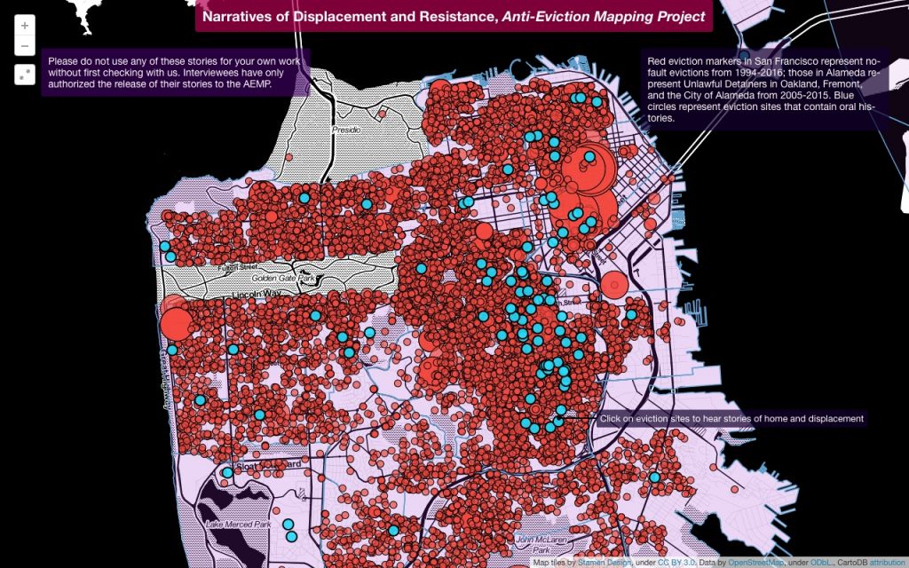 15. Carte interactive des récits de dépeuplements de résistances (Anti-Eviction Mapping Project, 2015)