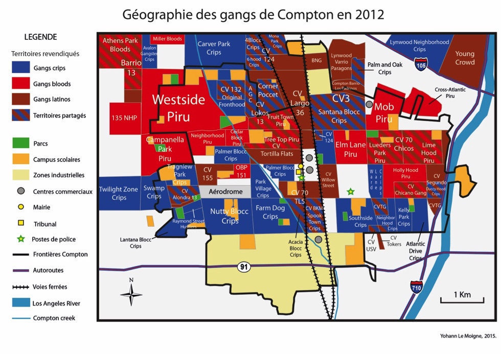 1. Géographie des gangs de Compton en 2012 (Le Moigne, 2015) .